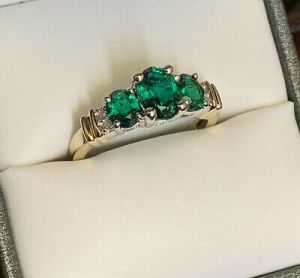 wardshop תכשיטים Beautiful Vintage Emerald & Genuine Diamond 10k Solid Yellow White Gold Ring