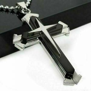 wardshop תכשיטים USA Gift Unisex&#039;s Men Black Silver Stainless Steel Cross Pendant Necklace Chain