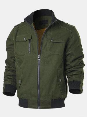 Mens Outdoor 100% Cotton Multi Pockets Stand Collar Thickened Casual Coats