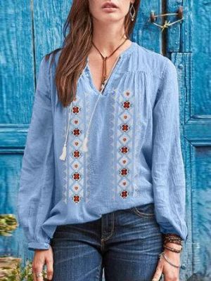 wardshop בגדים לנשים Women 100% Cotton Tassel Floral Embroidery Bohemian Button Cuffs Blouses
