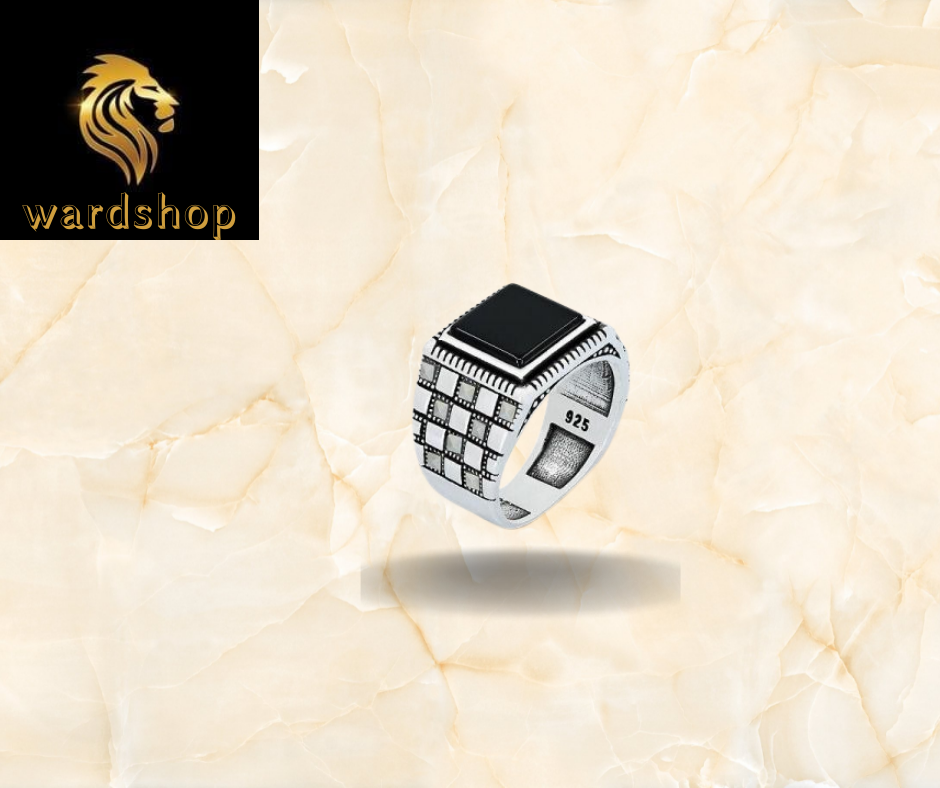 wardshop תכשיטים טבעת גברים בעבודת יד טורקית 925 כסף סטרלינג עם אוניקס שחור ומרקסיט